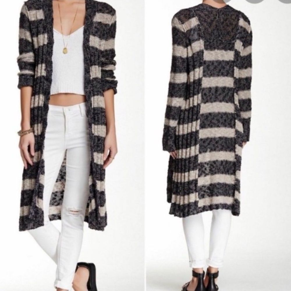 Free People Free Spirit Striped Linen Cotton Nautical Long Boho Knit Cardigan